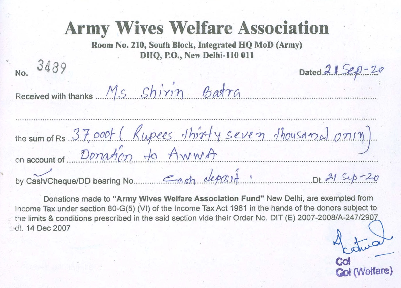Donation to Army Wives Welfare Association